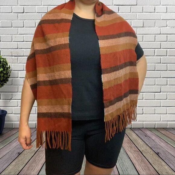 Multicolor Orange Beige Brown Cream Striped Fringe Soft Long Scarf One Size - Picture 1 of 5